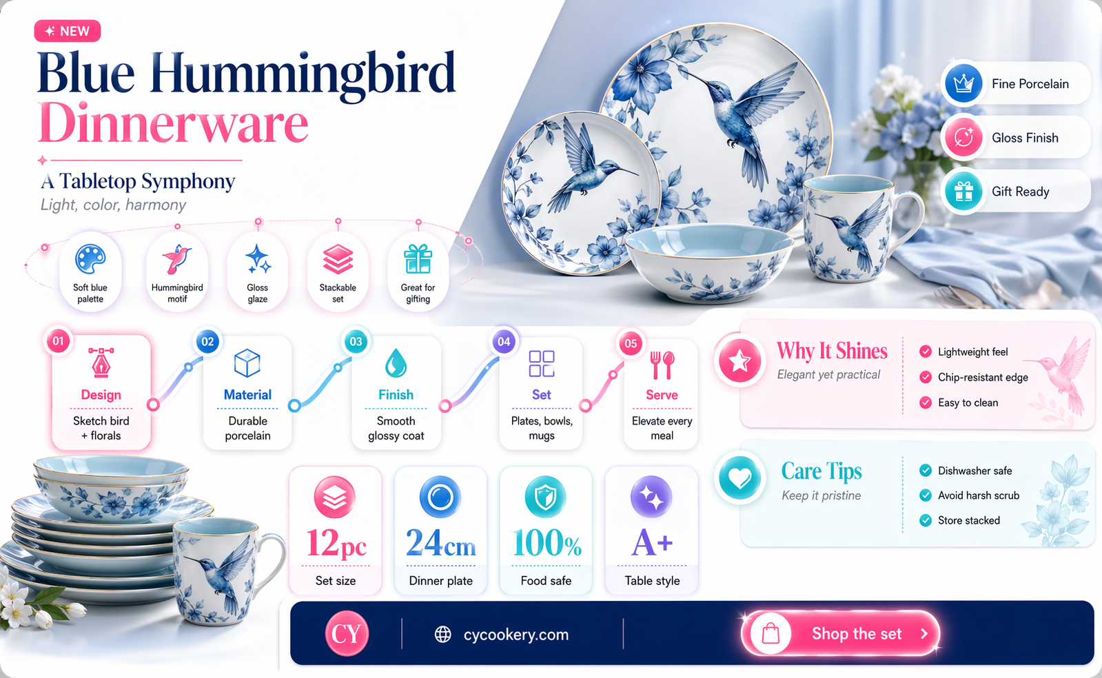 12 piece hummingbird dinnerware set blue
