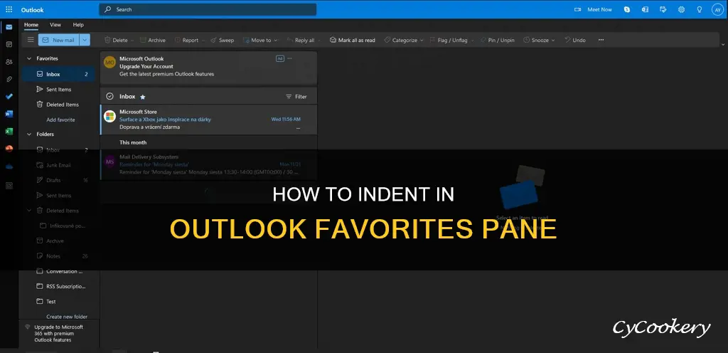 can you indent in your favorites pane in outlook