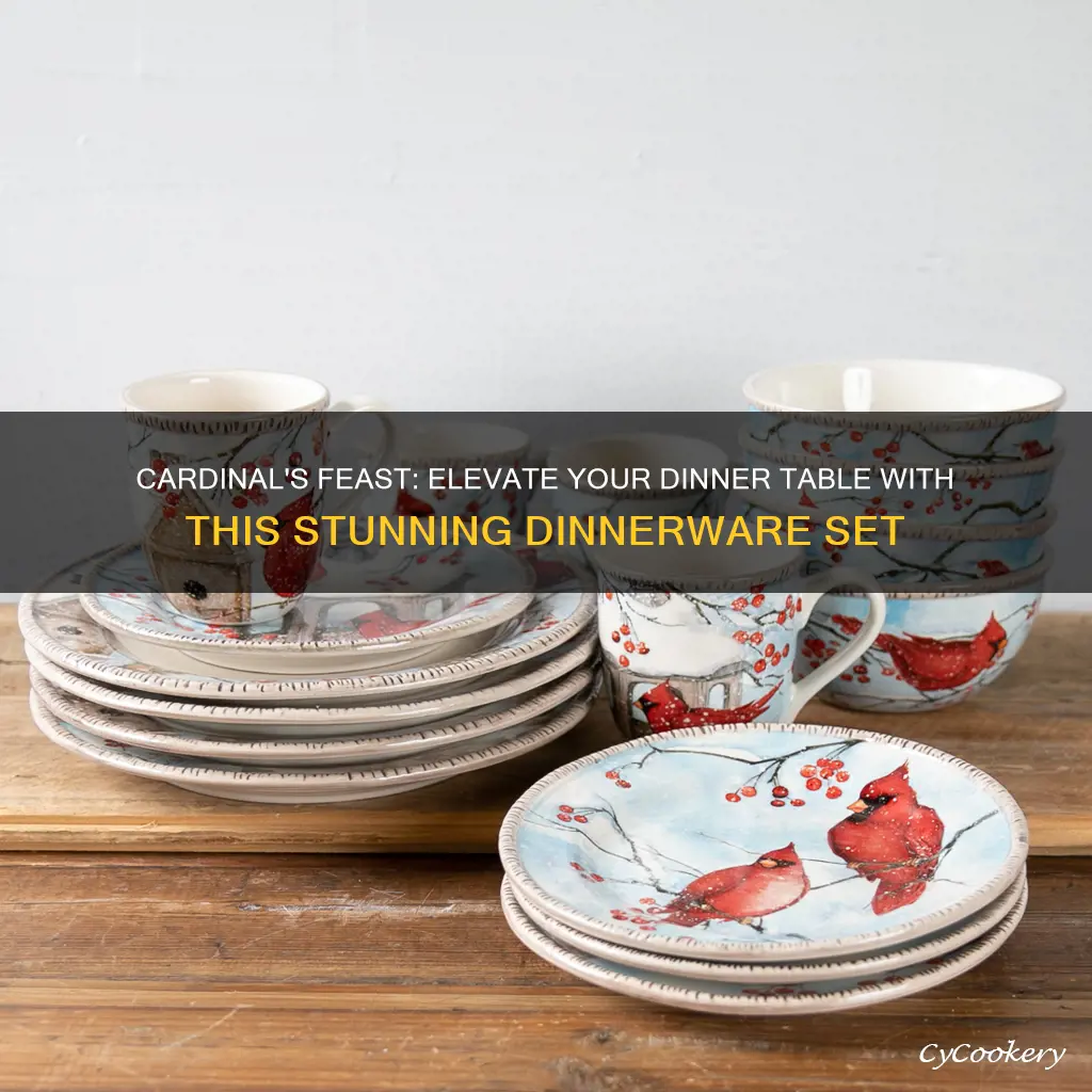 dinnerware set for 4 or 8 with a cardinal