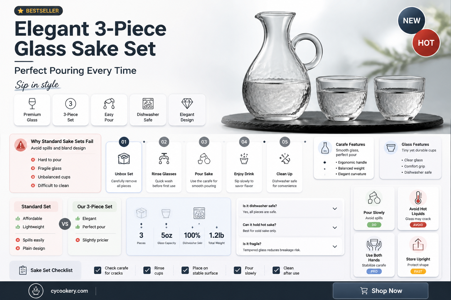 3 piece glass cold sake set