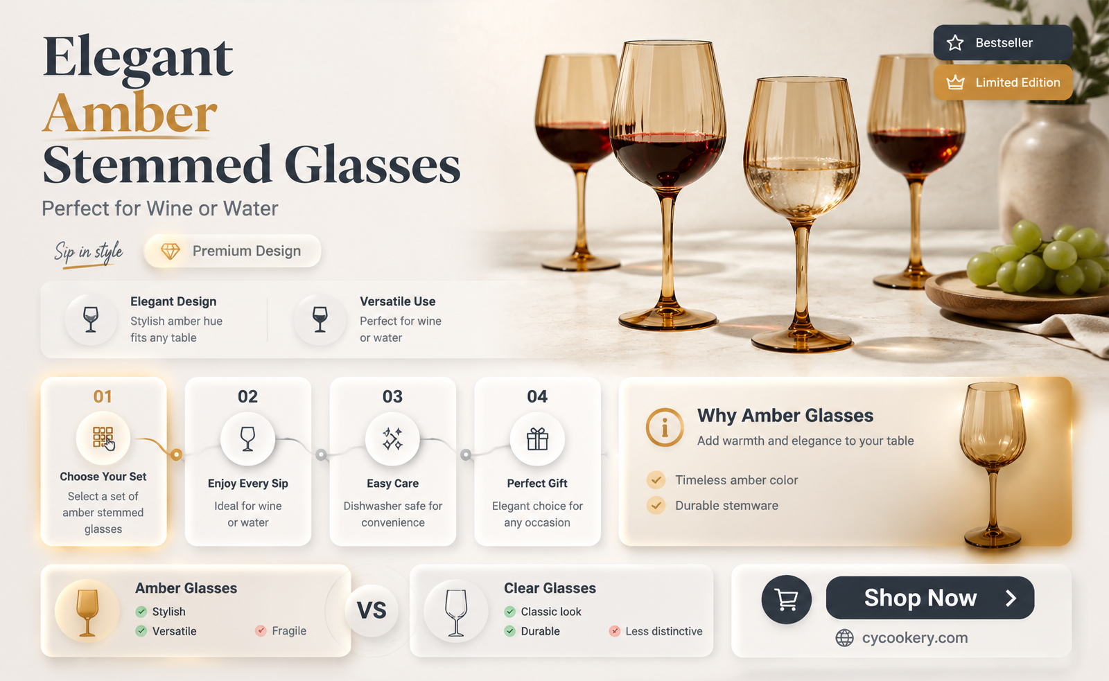 amber colored stemmed wine or water glasses