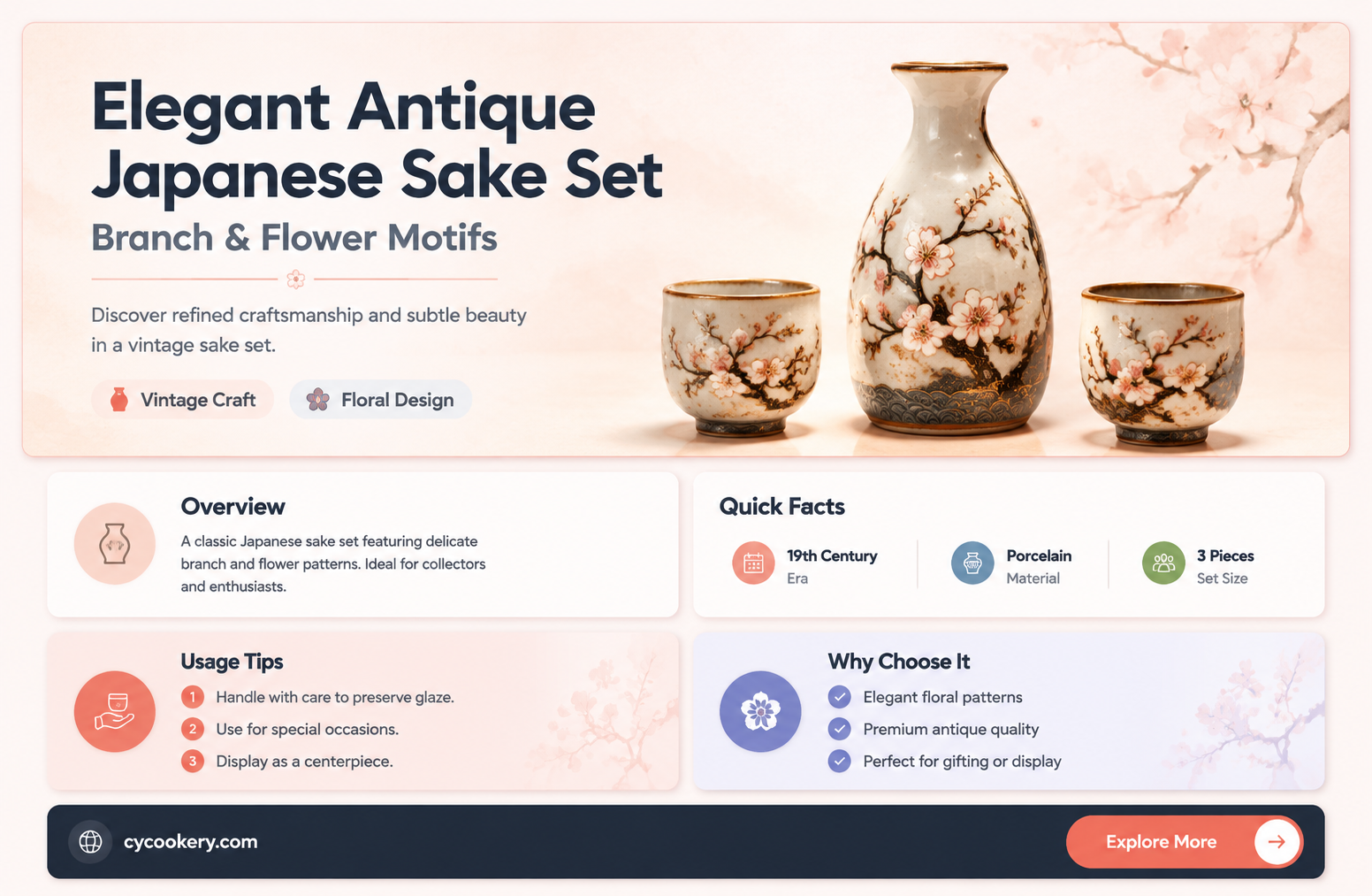 antique japense sake set branch and flower