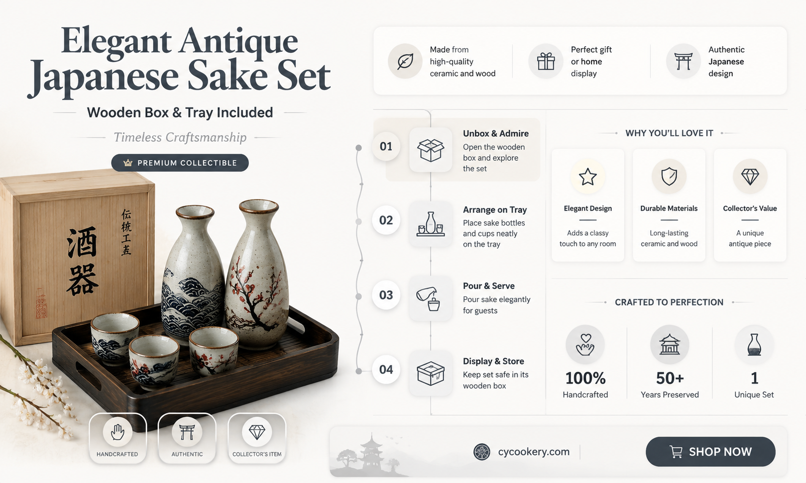 antique japanese sake set with wooden box and serving tray