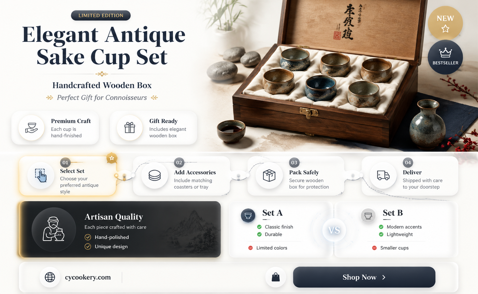 antique sake cup set in wooden box