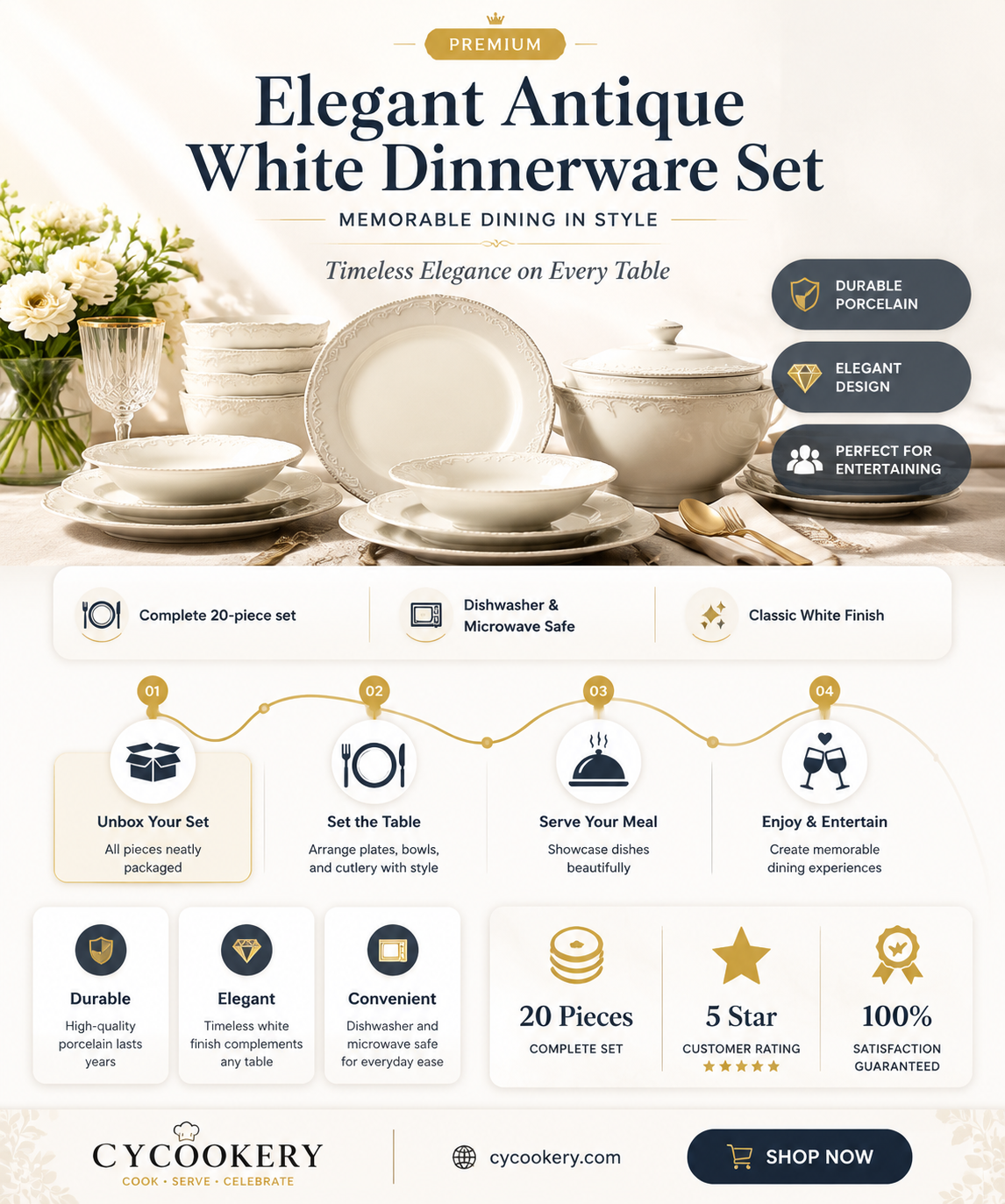 antique white 40 pc dinnerware set service for 8