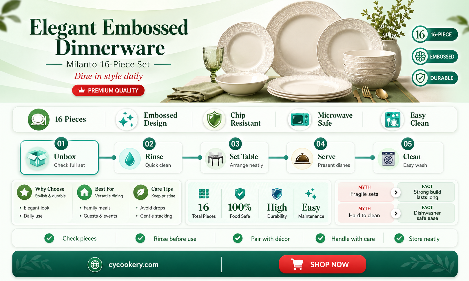 16r elite milanto embossed glazed durable 16 piece dinnerware set