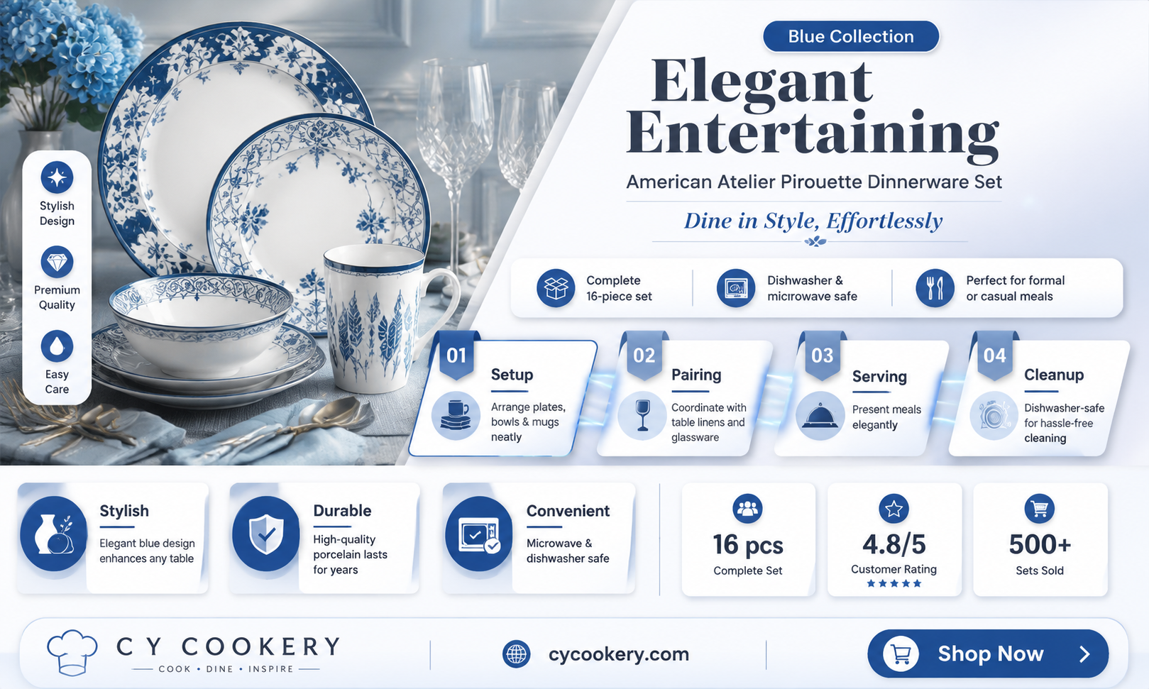 american atelier pirouette 16 piece dinnerware set blue