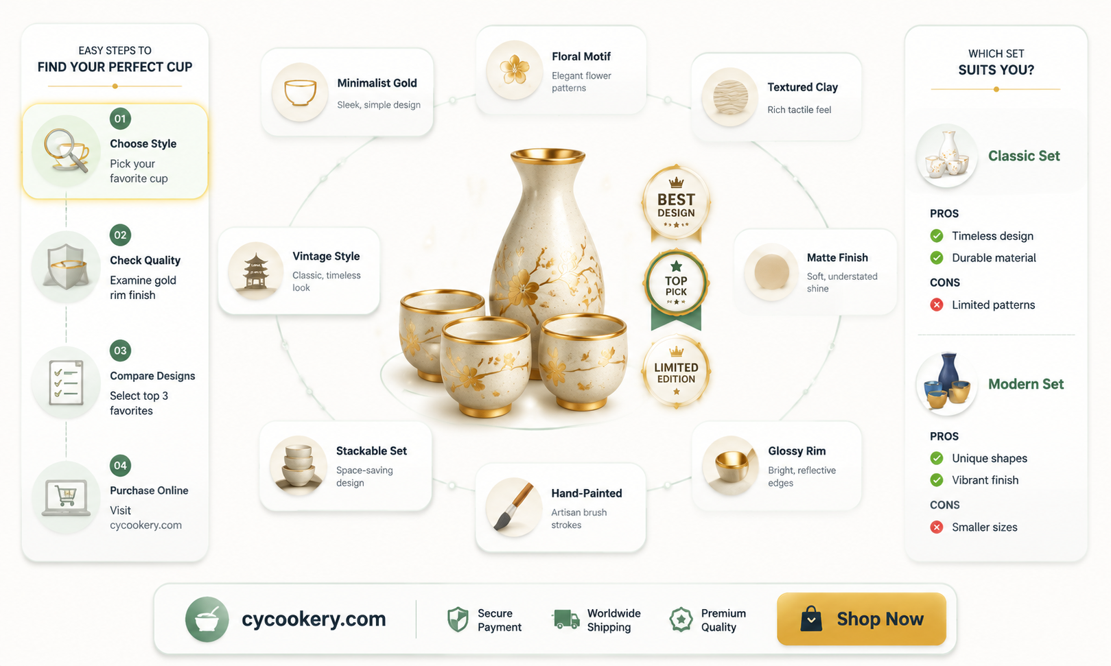 6 pottery sake cups with gold rims