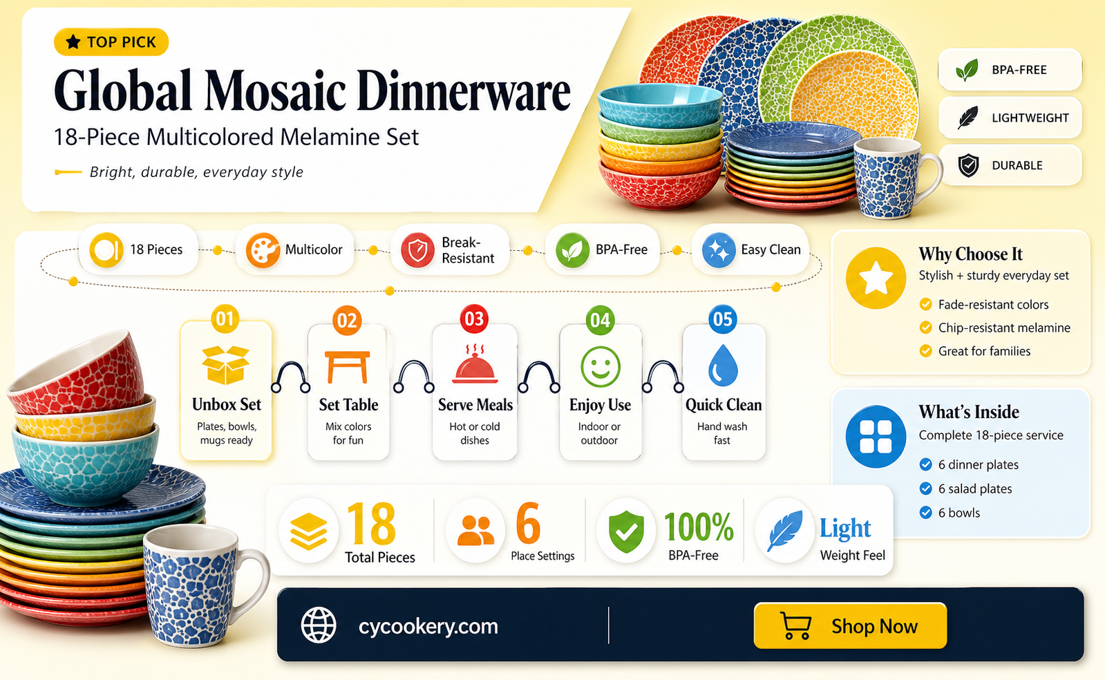 18 piece melamine dinnerware set global mosaic multicolor