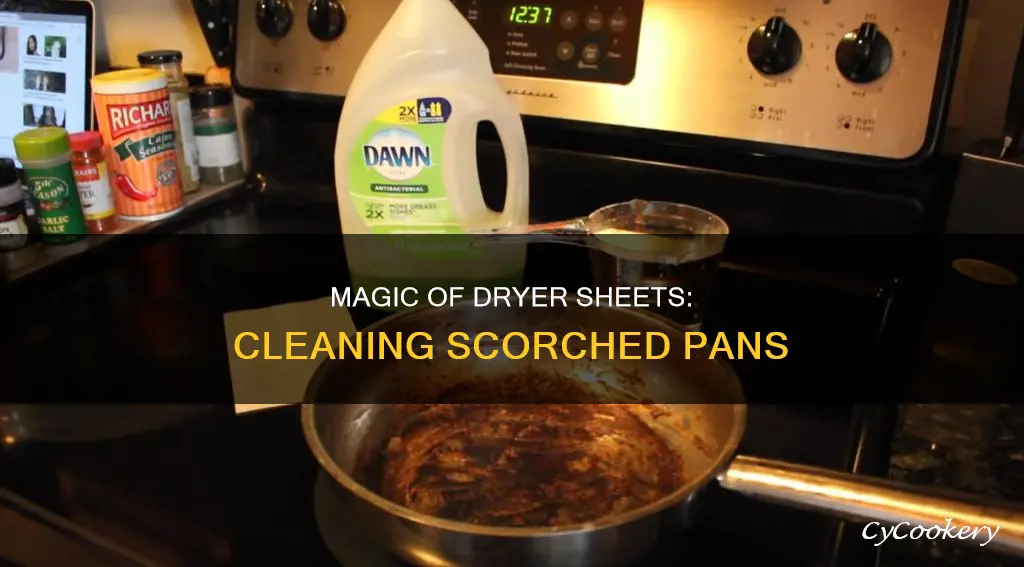 how does a dryer sheet clean a scorched pan