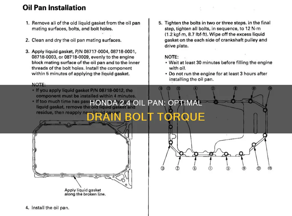 how much torgue for honda 2.4 oil pan drain bolt