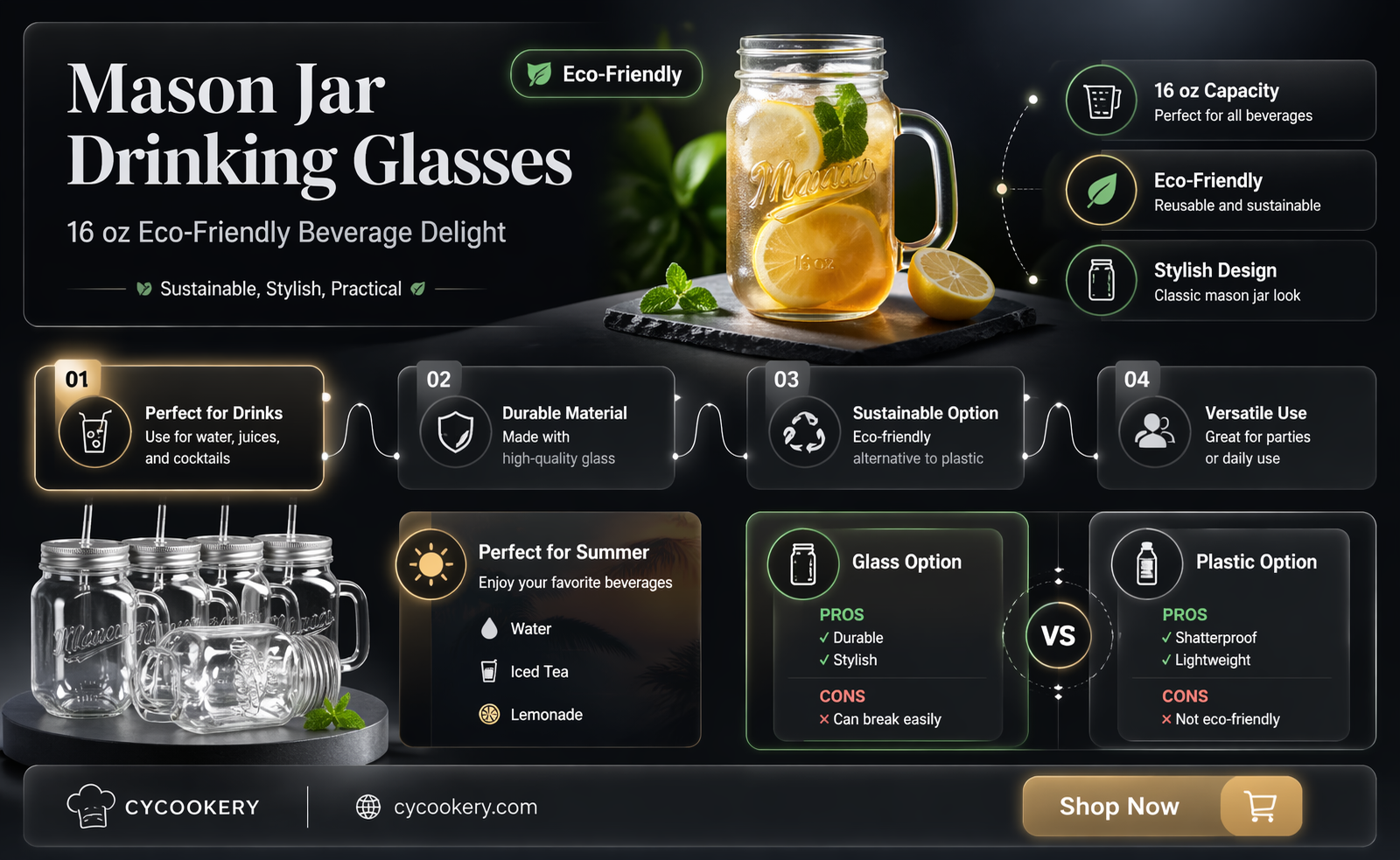 16 oz mason jar drinking glasses