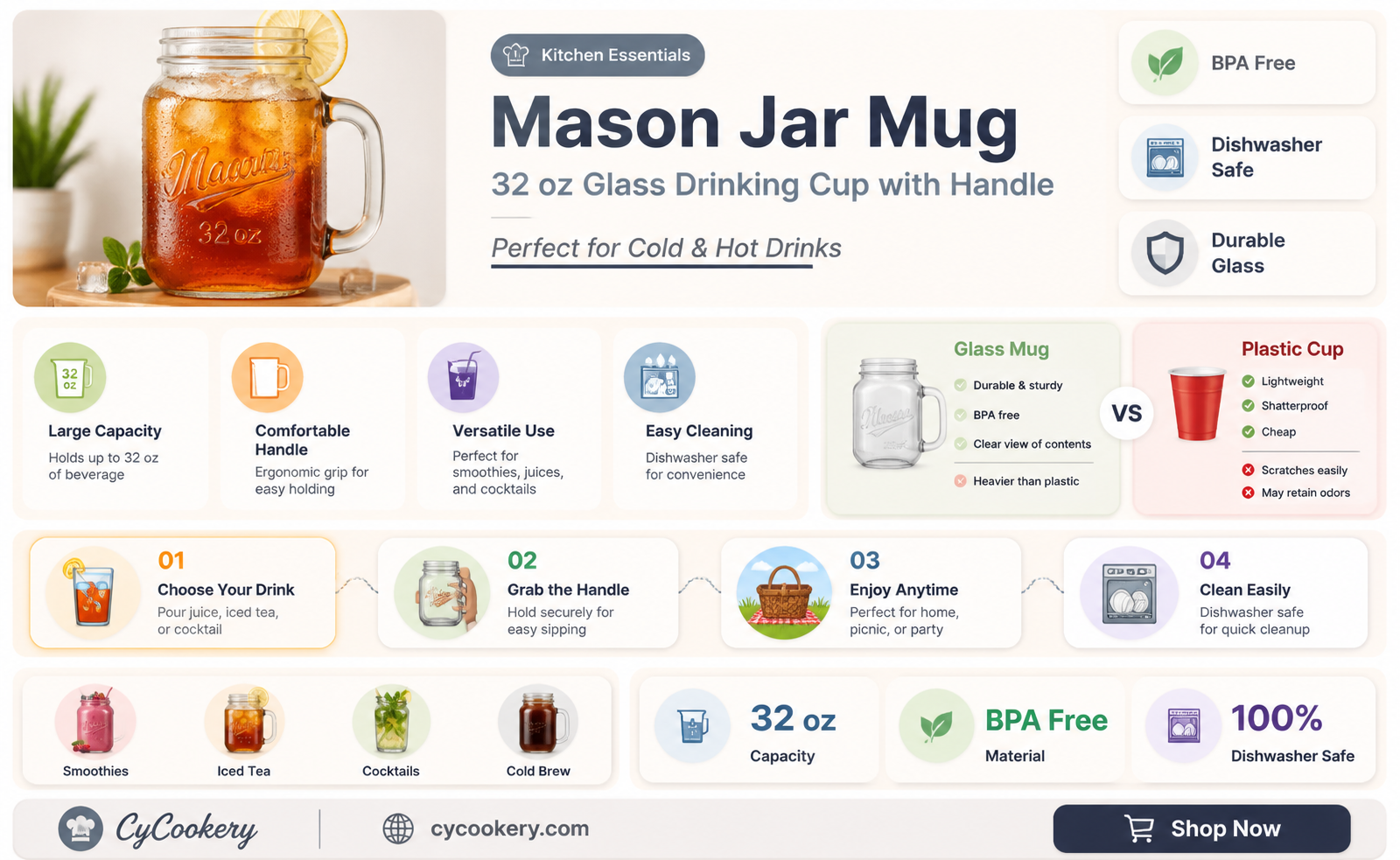 32 oz mason jar with handle glass drinking mug
