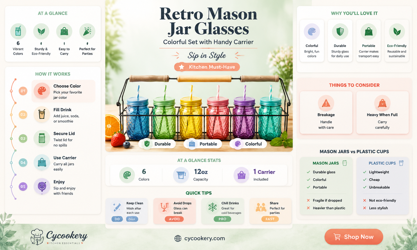 6 retro-style colored mason jar drinking glasses with handy carrier