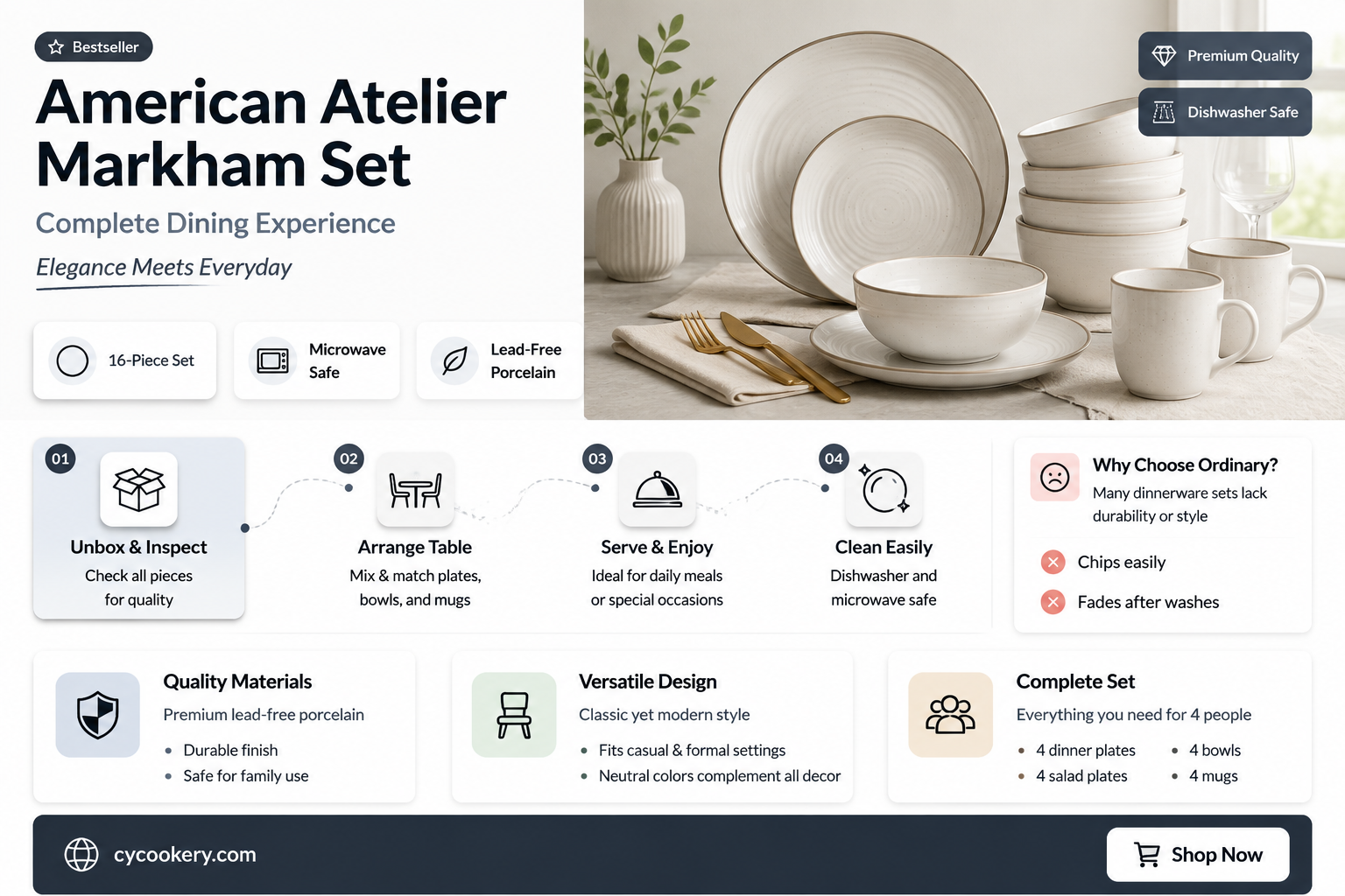 american atelier 16 piece markham square dinnerware set